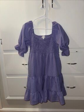 Lavender Check Puff-Sleeve Tiered Casual Dress NEVER WORN